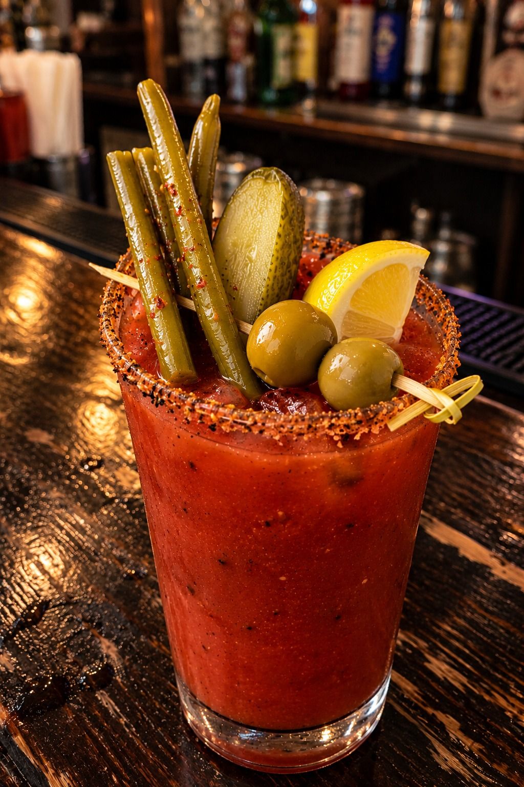 A Bloody Mary on the bar top with a seasoned rim, garnished with pickled green beans, a pickle spear, two olives and a lemon wedge.